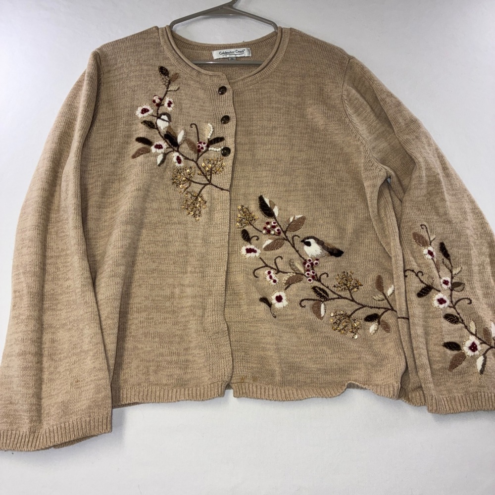 436 Cottagecore Coldwater Creek Cardigan XL Tan Bird Floral Embroidered Sequin